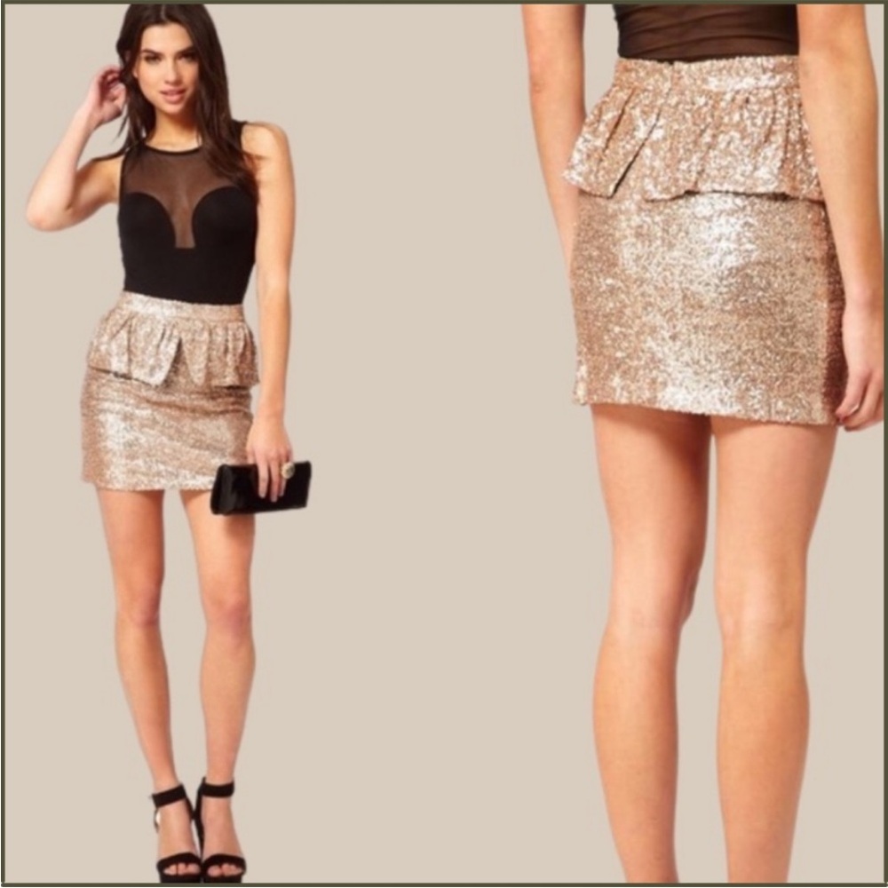 ASOS Sequin Embellished Peplum Mini Skirt 8 Golden